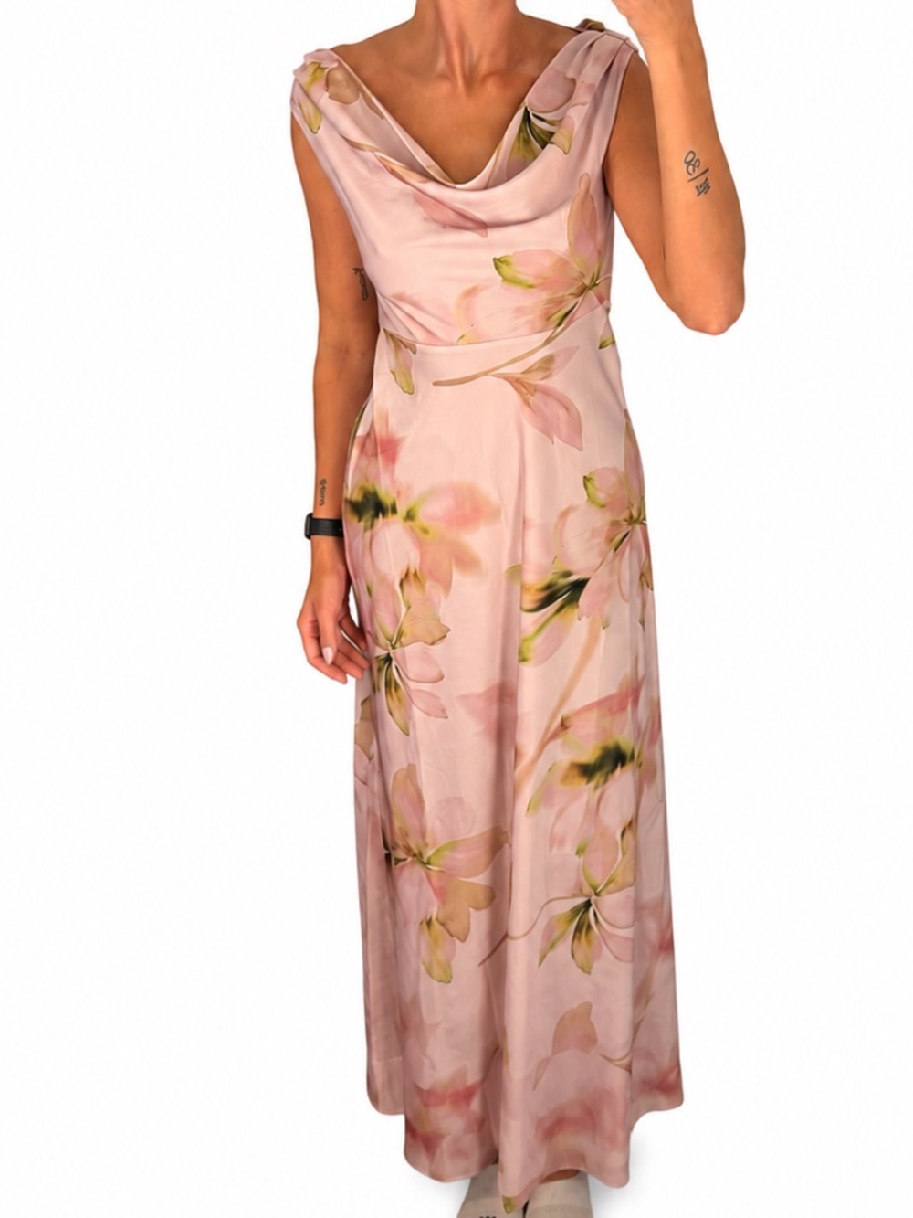 Joie Pink Floral Cowl Neck Satin Maxi Dress with Green Accents | Size 2